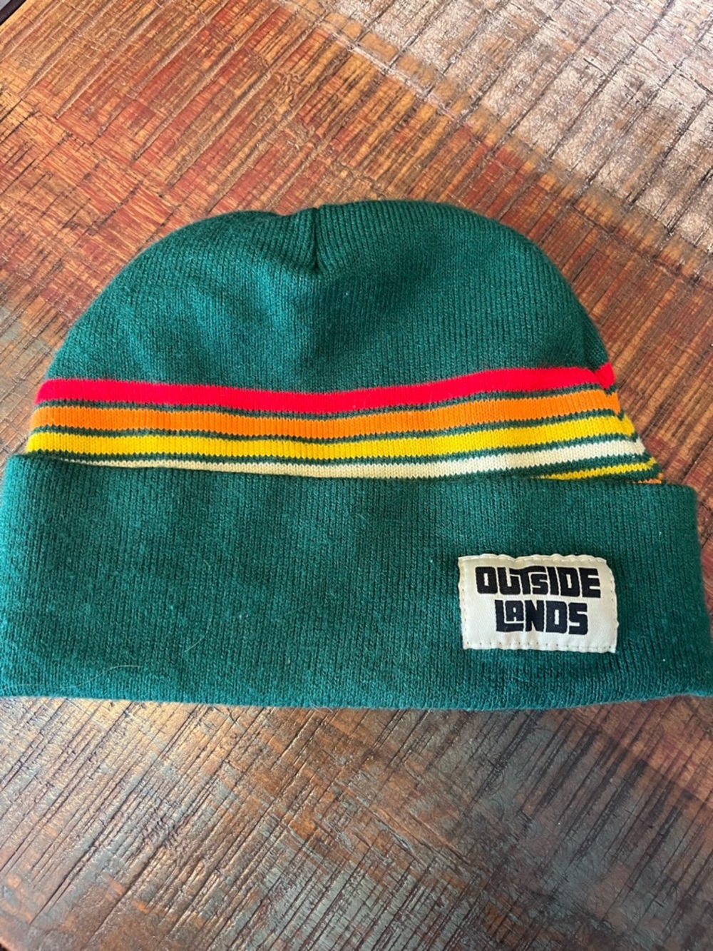 Green Knit Beanie with Red, Yellow & Cream Stripes